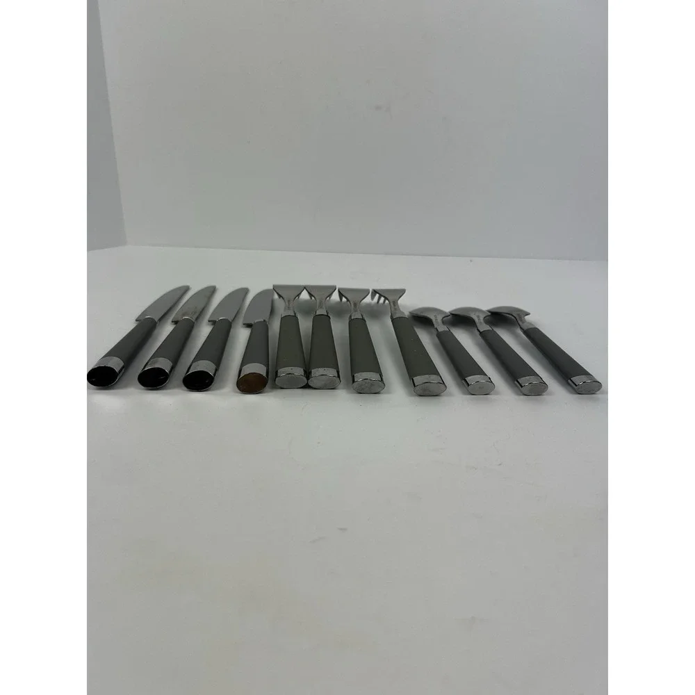 Lot of 11 GRAY Handle Stainless Steel Flatware - Teaspoons Forks Knives